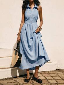 Poéselle Women's Casual Blue Sleeveless Shirt Collar Long Dress With Pockets Flared Hem Woven Fabric - Blue - View 6