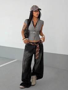 StreetHx 街头风女式条纹蕾丝边拼接短袖衬衫 - 灰色 - 查看 5