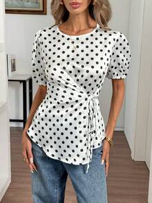 Elyressa Ladies' Woven French Polka Dot Commuter Summer Shirt - White - View 5