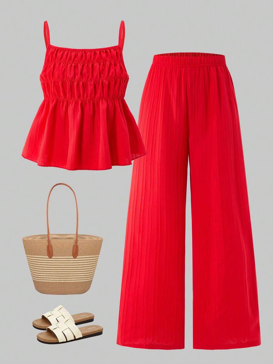 Tween Girl Casual Sweet Crinkle Textured Shirred Elastic Camisole Top Paired With Loose Wide Leg Pants 2 Pieces Set, Suitable For Daily, Vacation, Sisters Photo, Spring/Summer Outfit Clothes,Holiday,Summer,Travel Red Outfits Pants And Top Set Red Two Piece Outfit - Red - View 1