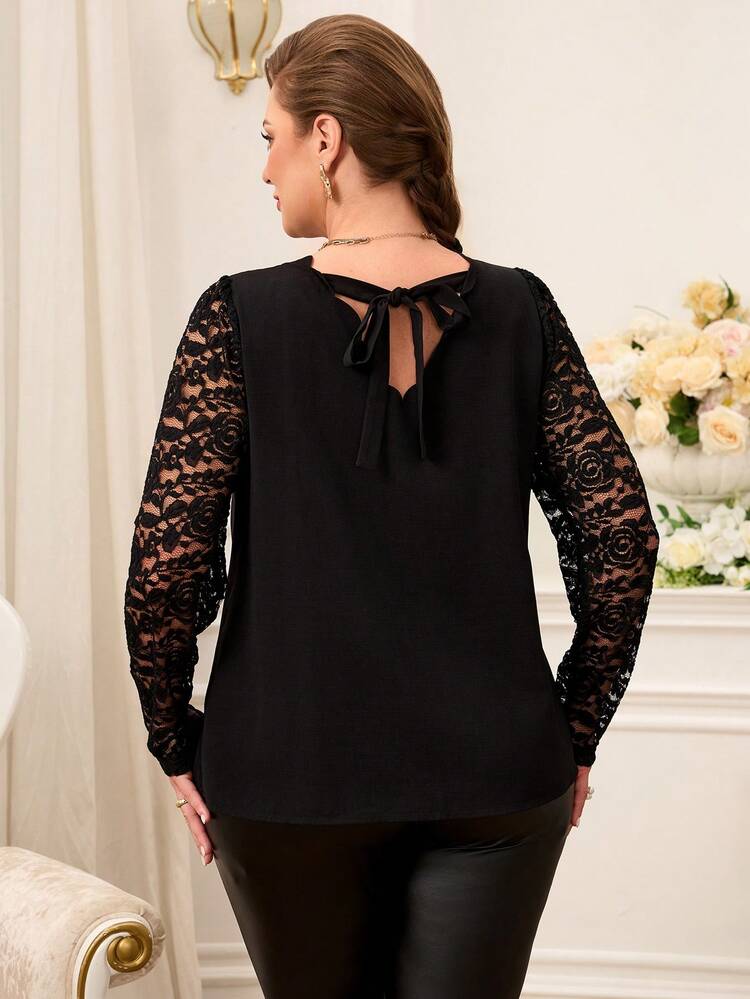 Plus Size Lace Patchwork Shirt For Summer/Elegant Tops For Women Elegant Black Lace Shirt Plus Size Women Clothes Blouse Black Blouses For Women Plus Size Black Tops