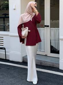 Solavon Women's Solid Color Wrap Tie Shirt, Minimalist Style For Commuting, Autumn - Burgundy - View 9