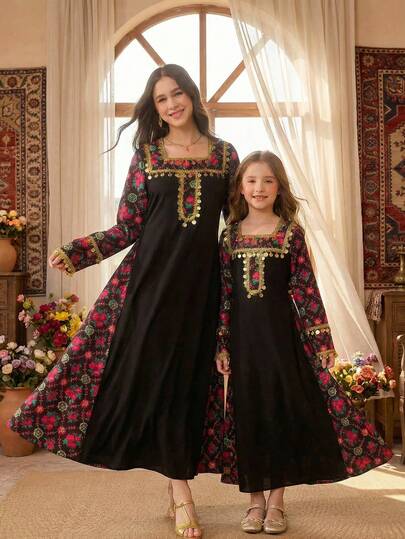 Tonårsflicka Festlig Mellanöstern-högtid Svart bakgrund Färgglad Blommig Digitaltryck Långklänning Med Gyllene Kant, Elegant Högtidsfirande Maxiklänning