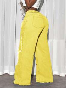 SHEIN Tall CURVE Plus Size Women's Fashion Distressed Frayed Hem Jeans - Yellow - View 2