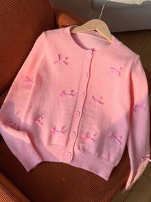 Muchica Pink Knitted Cardigan With Bow For Women - Pink - View 9