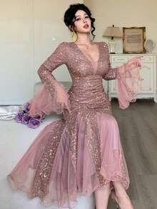 DAZY 春夏水钻闪亮优雅派对连衣裙，适合情人节、婚礼、宴会、舞会、时尚活动等场合，修身剪裁，收腰设计，及膝长度，粉色嘉年华闪亮连衣裙/吊带裙 - 粉色 - 查看 2