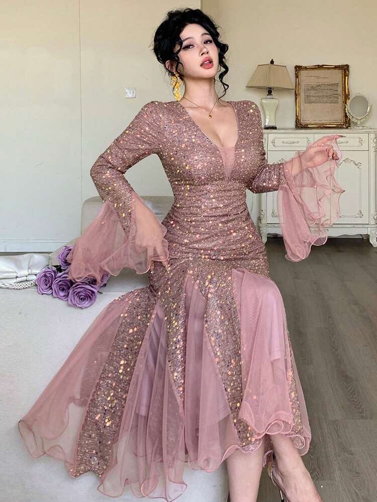 Spring & Summer Rhinestone Shiny Elegant Party Dress, Suitable For Valentine's Day, Wedding, Banquet, Ball, Fashion Event, Slim Fit, Waist Cinched, Knee-Length, Pink Carnival Sparkly Dress Maxi Dress Sundress
