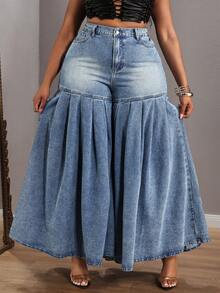 Slaydiva Plus Size Women Casual Fashion Street Chic Daily Commute Pleated Loose Wide Leg Jeans - Coffee Brown - View 5