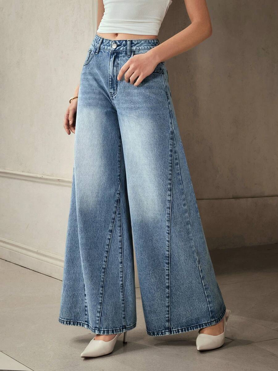Selenza Quần jeans nữ ống rộng phối màu, túi xéo, kiểu dáng thường ngày, đa năng. - Màu xanh lam - Xem 1