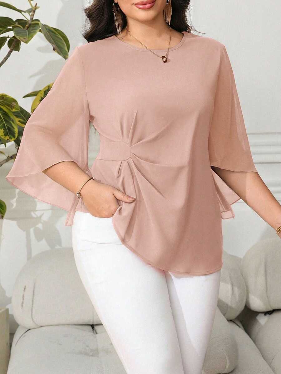 Reflora Plus Size Solid Color Twist Knot Elegant Mesh Patchwork Blouse - Baby Pink - View 1