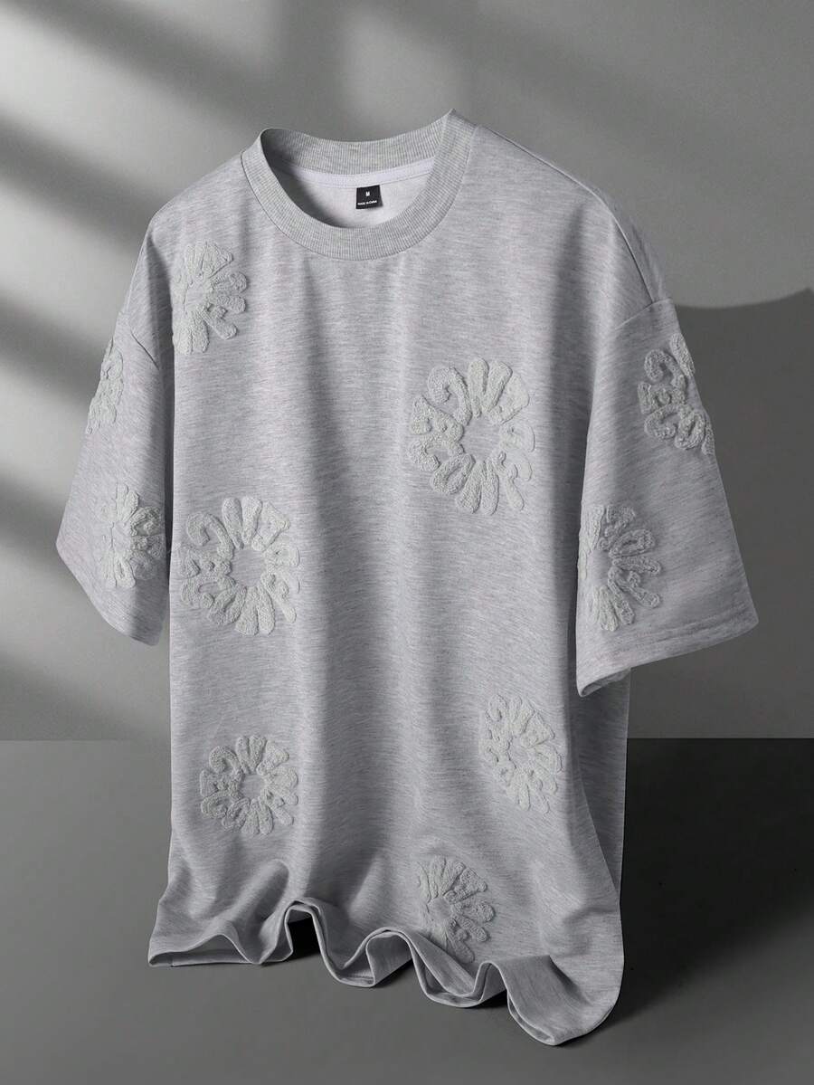 Manfinity EMRG Men's Casual Letter Flocked Round Neck Short Sleeve T-Shirt, Summer - Grey - View 1