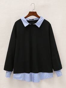 SHEIN CURVE+ Plus Size Women Striped Lapel Long Sleeve Casual Patchwork Sweatshirt Winter Fall Autumn Curve Plus Tops - Baby Blue - View 6