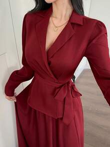DAZY Spring & Summer Elegant Twist Knot Cross Front Top And Skirt Set, Casual, Work, Wedding, Red Color, Luxury Old Money Style - Burgundy - View 5