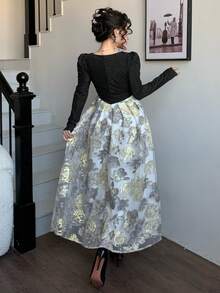 DAZY 春夏水钻亮片印花连衣裙，优雅修身中长连衣裙，适合情人节、婚礼、派对、正式场合，黑色印花长袖连衣裙，婚礼宾客礼服/吊带裙 - 黑色 - 查看 5