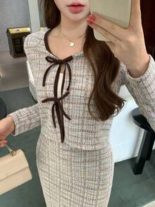 DAZY 春夏格子系带上衣和半裙套装，优雅百搭，适合情人节、婚礼、派对、时尚活动和通勤穿着。 - 藕粉色 - 查看 5