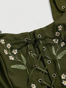 ROMWE Fairycore Spring/Summer Plus Size Floral Embroidered Vintage Palace Style Camisole And Tank Top - Green - View 3