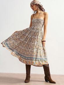 Bohemela BOHO Resort Woven Retro Print Fitted Dress For Women, Spring/Summer