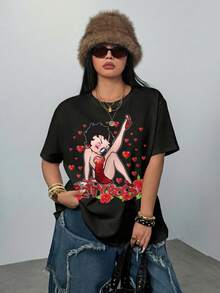 Betty Boop x SHEIN Áo thun tay ngắn cổ tròn in hình dáng người, cỡ lớn, phong cách thường ngày, dành cho mùa hè. - trắng - Xem 6