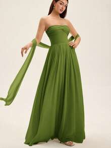 Revavyn Twist Decor 带腰带的无肩带雪纺长裙 - 綠色 - 查看 3