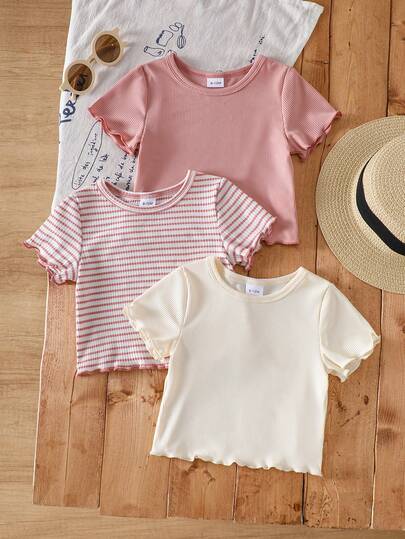 SHEIN Unisex Infant Toddler 0-3 Years Old Vintage Cute 3-Piece Set, Includes Solid Color & Striped Top, Soft Stretchy Casual Outfit Suitable For Baby Girls & Boys, Everyday Wear, Vacation Toddler Girl Clothes Tee Baby Girl Clothes Multipack Baby Girl Summer Tops Toddler Girl Clothes Baby Girl Tops Cute Tops Toddler Summer Tops Baby Girl Summer Shirts