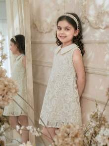 Young Girls' Elegant Rose Jacquard Sleeveless Dress, Refined Texture, Neat Silhouette, Suitable For Family Gatherings Or Art Exhibitions, Light And Thin, Spring/Summer - Apricot - View 3