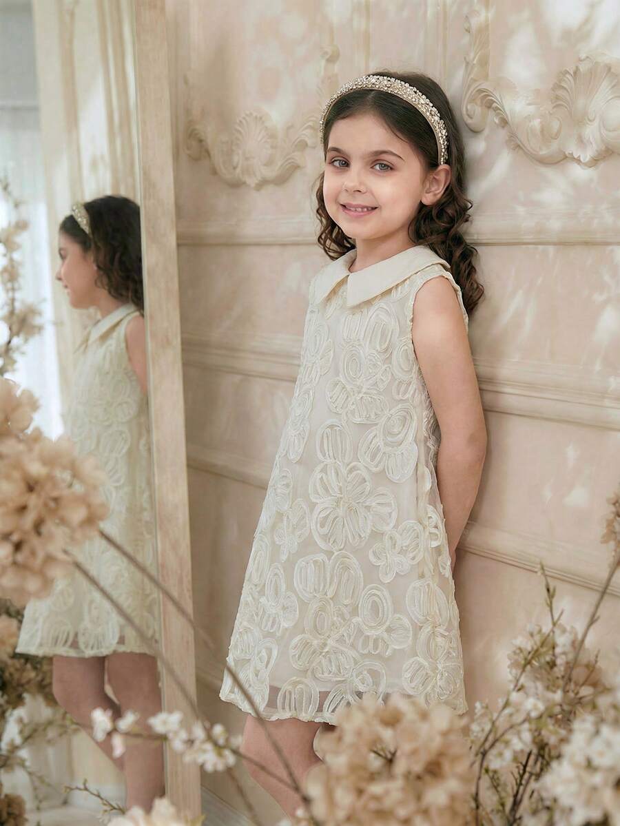 少女优雅玫瑰提花无袖连衣裙，质地精致，廓形利落，适合家庭聚会或艺术展览等场合，轻薄透气，春夏款。 - 杏色 - 查看 1