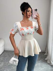 Elenzga Summer Apricot Square Neck Fashionable Luxury High-End Unique Elegant Pleated Waist Puff Sleeve Blouse - Apricot - View 5