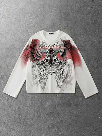 Herren Lässig Crew Neck Langarm T-Shirt mit kreativem Kreuz-Muster, weite Passform