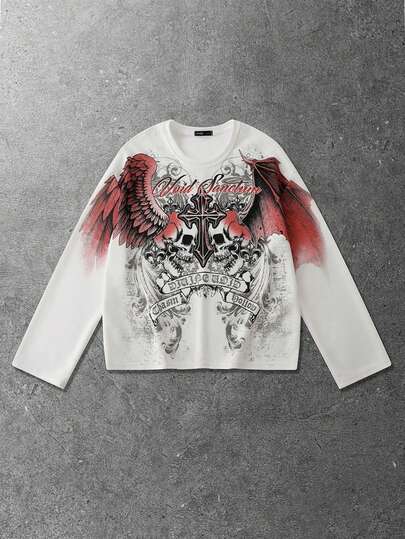 Camiseta de manga larga con cuello redondo informal para hombres con estampado de cruz creativo, corte holgado