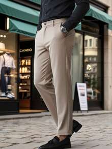 Manfinity Bizformal Men's Solid Color Pocket Casual Loose Straight Leg Pants - Khaki - View 3