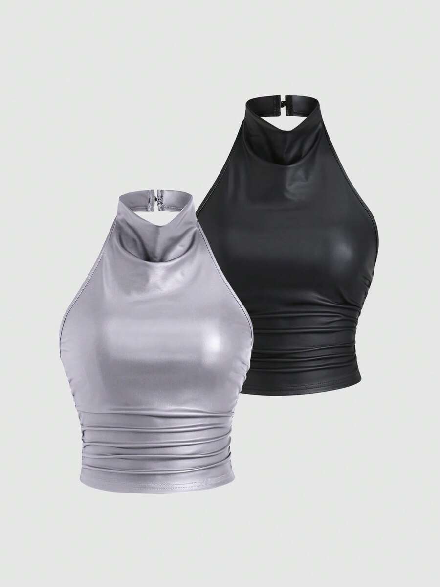 Sweetra Women's Fashionable Sexy Halter PU Leather Party Crop Top 2 Pieces Set - Multicolor - View 1