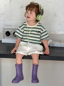 DAZY 幼儿男童圆领条纹短袖休闲上衣，春夏款 - 綠色 - 查看 3