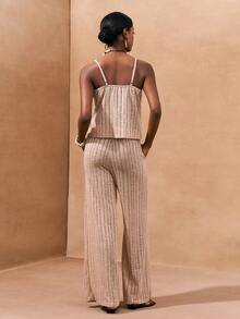 Zivah 2026春夏新款音乐节、复活节、圣帕特里克节、情人节、约会、西部风、游牧风、生日派对、毕业典礼、大学、学生、日常穿着、百搭基础款、休闲、度假、邮轮旅行、海滩、日光浴、热门单品、街头风、婚礼宾客波西米亚风、通勤、早午餐、机场、派对、假日郊游、办公穿着、吊带针织网眼上衣和阔腿裤、宽松针织杏色套装 - 杏色 - 查看 3