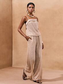 Zivah 2026春夏新款音乐节、复活节、圣帕特里克节、情人节、约会、西部风、游牧风、生日派对、毕业典礼、大学、学生、日常穿着、百搭基础款、休闲、度假、邮轮旅行、海滩、日光浴、热门单品、街头风、婚礼宾客波西米亚风、通勤、早午餐、机场、派对、假日郊游、办公穿着、吊带针织网眼上衣和阔腿裤、宽松针织杏色套装 - 杏色 - 查看 6