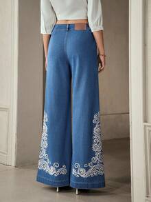 Selenza 女士休闲度假风植物刺绣宽松阔腿牛仔裤 - 藍色 - 查看 2
