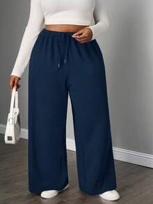 SHEIN PETITE CURVE 大码女式简约前系带宽松运动裤，休闲日常秋冬款 - 寶藍色 - 查看 8