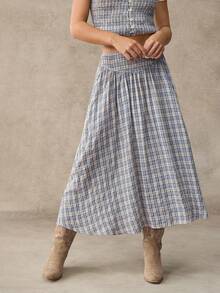 WESTFADE Embroidered Plaid Smocked Waist Convertible Midi Skirt And Skirt