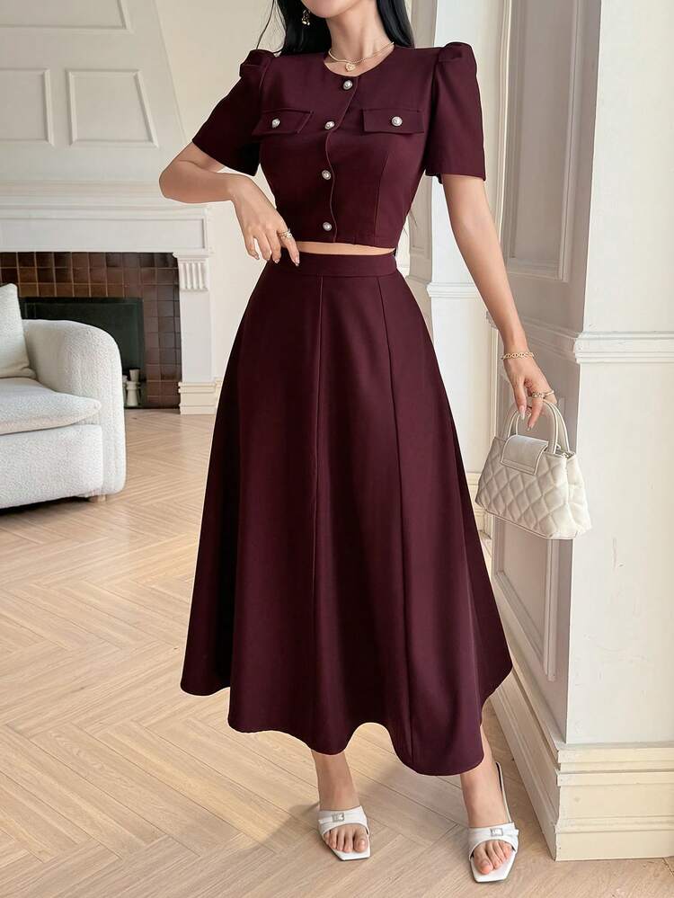Spring/Summer Elegant 2 Pieces Set, Waist Cinched Top And Skirt Suit, Casual, Work, Wedding, Romantic