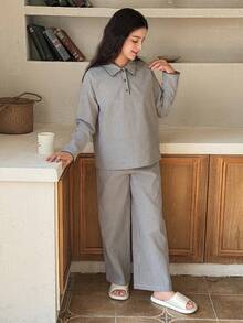 DAZY Tween Girls Casual Striped Half-Zip Ruffle Trim Loungewear Set, Fall - Grey - View 2