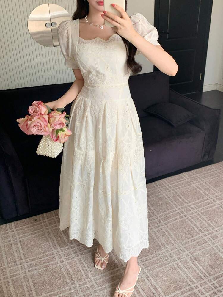 Women's Embroidered Puff Sleeve Midi Dress, Elegant Waist Cinched, Suitable For Dates And Parties Wedding Guest Dress Sundress