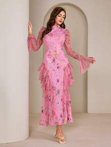 Graceveil Vestido elegante y modesto con estampado floral, volantes en el bajo y cintura con lazo - Rosa - Ver 4