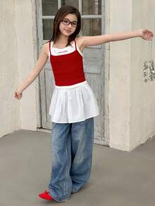 DAZY Tween Girls' Casual Everyday Commute Solid Swiss Dot A-Line Skirt, Fashionable Flared - White - View 3