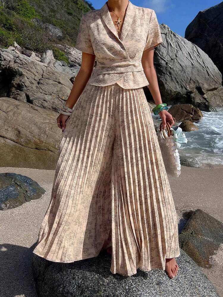 Women's Elegant Floral Print Suit Jacket And Pleated Long Pants Set, Spring/Summer,Wedding Guest Dress Women