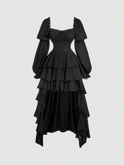 SHEIN MOD 女士纯色甜心领灯笼袖前系带优雅荷叶边不对称长款派对连衣裙