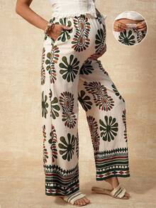 Boho Mama Maternity Clothes  Maternity Pants Pregnant Clothes Vacation Green  Maternity  Pants Maternity Summer Vacation Casual Adjustable Waist Printed Pants,Patterned Print Adjustable Waistband,Adjustable Elastic Waistband - Multicolor - View 2