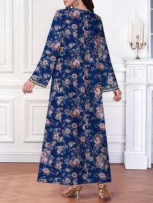 SHEIN Najma Women's Floral Retro Print V-Neck Long Sleeve Maxi Dress, Elegant Arabic Style, Spring/Autumn - Multicolor - View 2