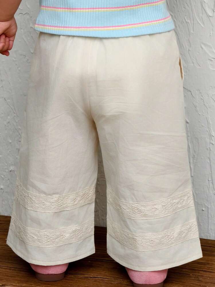 Toddler Girls' Loose Wide Leg Lace Color Block Casual Pants, All Season