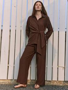 Dazy-Less Coffee Brown Autumn Casual Occasion Women's Elegant Twist Knot Cross Front Blouse & Straight Leg Pants Set,2 Pieces Old Money Luxury Business Outfit - Brown - View 5