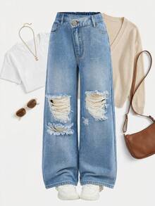 Sparklyn 大龄女童简约时尚深色牛仔裤，直筒裤型设计，修饰腿型，适合上学、通勤和户外活动。 - 藍色 - 查看 2