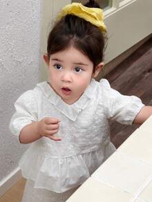 DAZY 女童V领荷叶边蕾丝镂空上衣和A字裙两件套